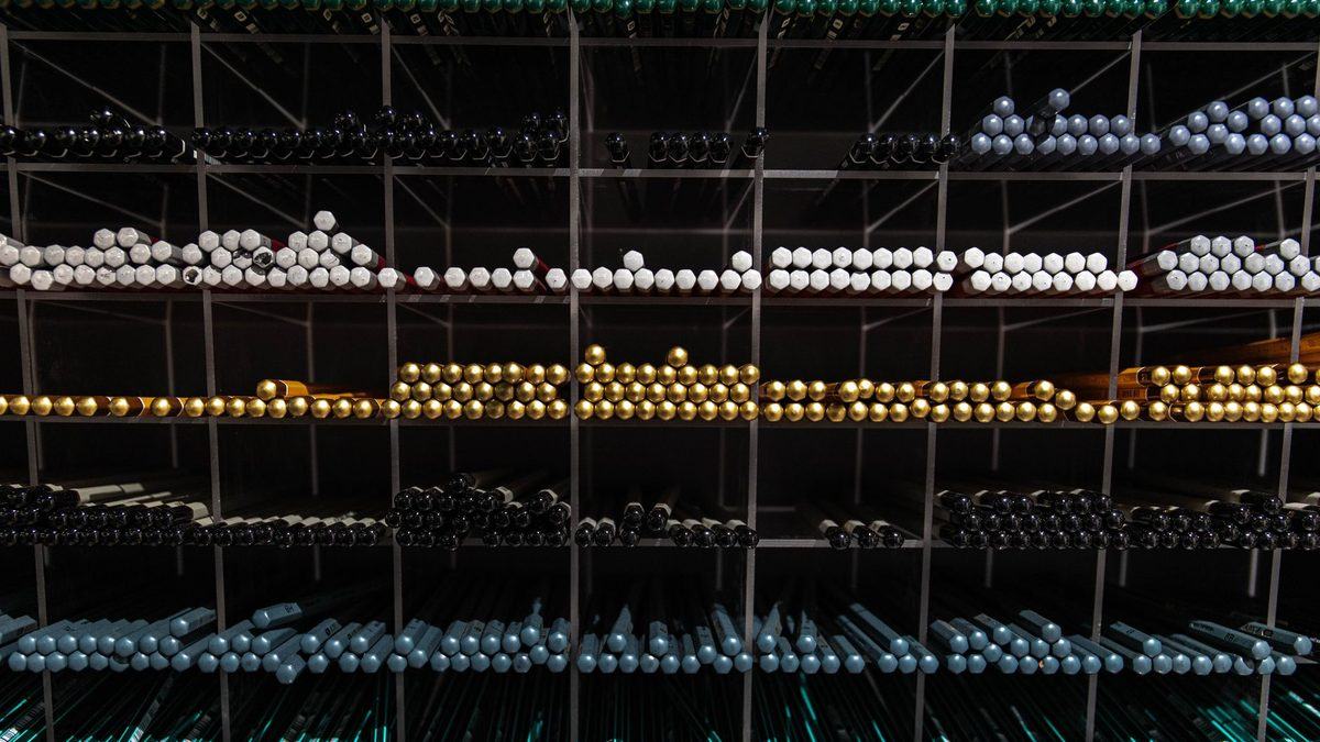 Shelves of stationery in a shop