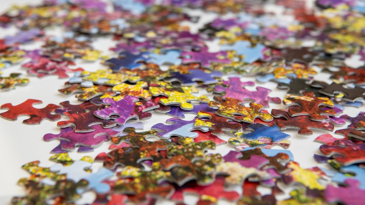 Puzzle pieces and a logic puzzle laid out for fast workers