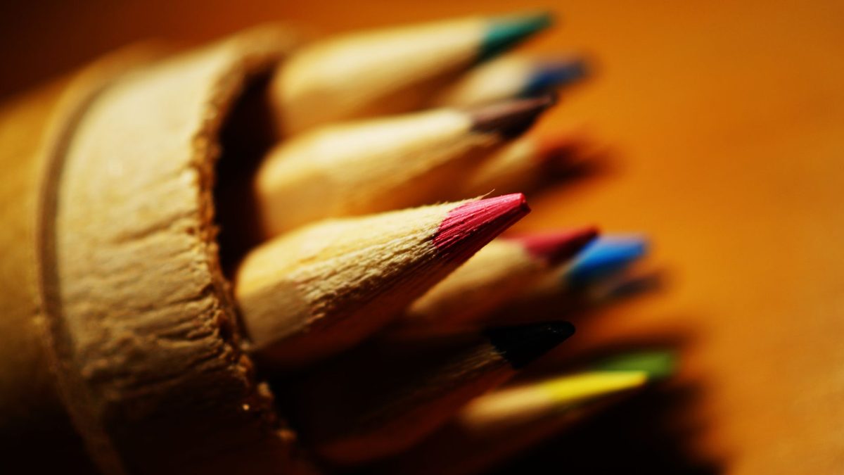 Sharpened coloured pencil tips photographed close up